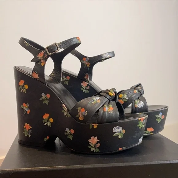 SAINT LAURENT Floral Leather Wedges Black - Picture 2 of 5